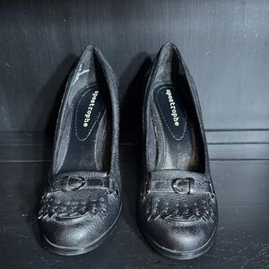 Apostrophe Cuban Stacked Black Leather Fringe Keesha Loafers with Buckle Detail